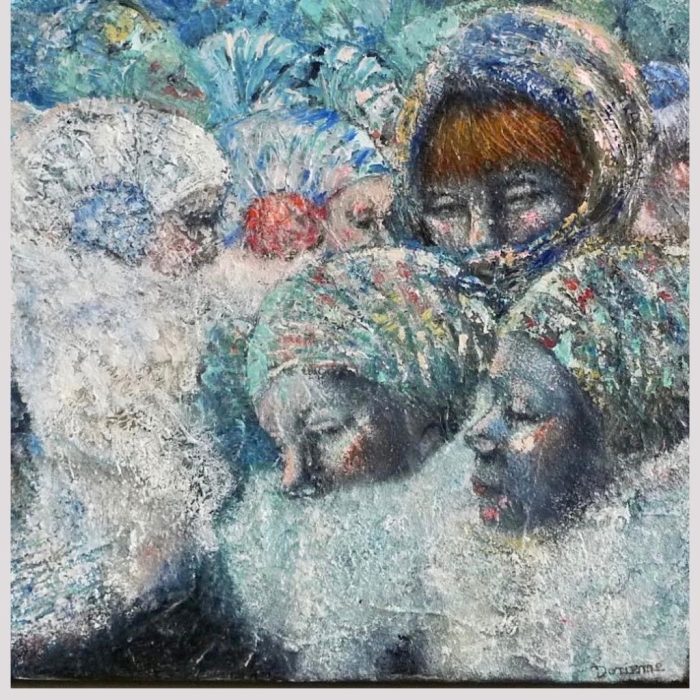 Experience the vibrant energy of urban life in the oil on canvas painting 'Window Shopping.' Abstract figures blur past while three women are wrapped in elegant winter attire before a shop window. The atmosphere crackles with anticipation, inviting viewers to immerse themselves in the transient beauty of everyday moments."