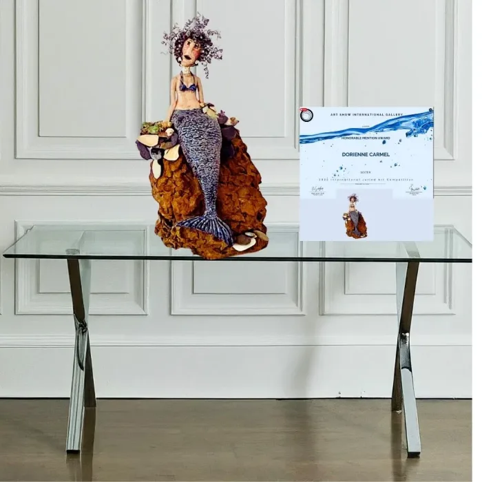Ceramic mermaid with textured wire curls and sequins