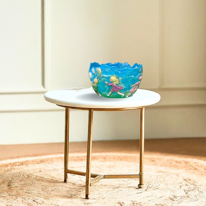 Dreamy Sky Bowl: Handcrafted Double-Skinned Bowl with a pale blue exterior, cloud-surrounded interior, raised figures, and inscribed words.