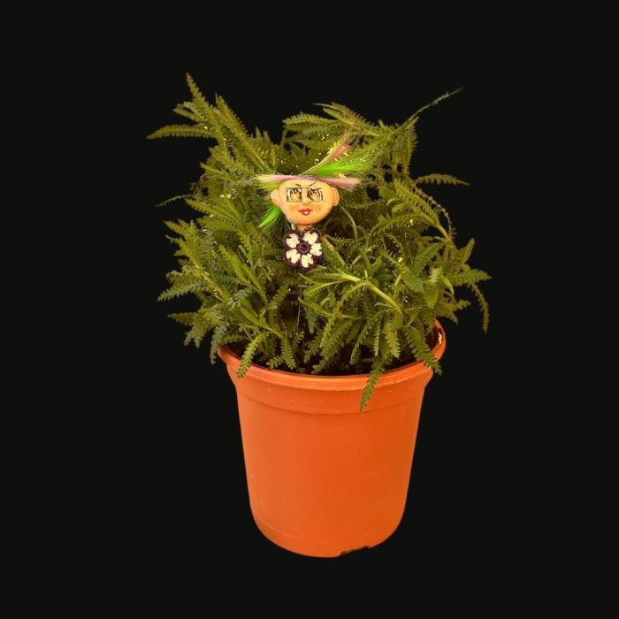 Hand-sculpted ceramic flower figure with a fun personality and artistic details.