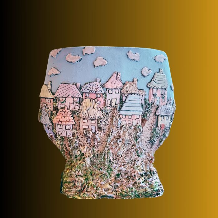 Double-sided handmade 3D ceramic vase featuring floral scene and village